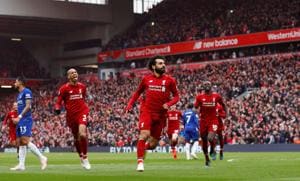 Liverpool's Mohamed Salah celebrates scoring their second goal against Chelsea on April 14. The English Premier League is in for a frenzied finish.(REUTERS) Liverpool's Mohamed Salah celebrates scoring their second goal against Chelsea on April 14. The English Premier League is in for a frenzied finish.(REUTERS)