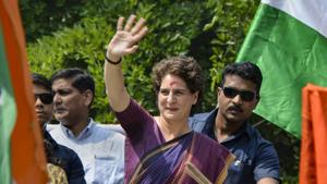 Congress General Secretary Priyanka Gandhi takes part in a roadshow, during the ongoing general elections, at Silchar, Assam on Sunday.(PTI Photo)