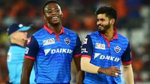 Delhi Capitals bowler Kagiso Rabada and captain Shreyas Iyer celebrate against Sunrisers Hyderabad.(PTI) Delhi Capitals bowler Kagiso Rabada and captain Shreyas Iyer celebrate against Sunrisers Hyderabad.(PTI)