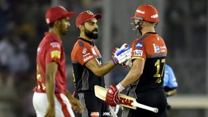 Mohali: Royal Challengers Bangalore (RCB) batsman Virat Kohli celebrates his fifty with AB de Villiers during the Indian Premier League (IPL T20 2019) cricket match between Royal Challengers Bangalore (RCB) and Kings XI Punjab( KXIP) at I S Bindra Stadium in Mohali, Saturday, April 13, 2019.(PTI) Mohali: Royal Challengers Bangalore (RCB) batsman Virat Kohli celebrates his fifty with AB de Villiers during the Indian Premier League (IPL T20 2019) cricket match between Royal Challengers Bangalore (RCB) and Kings XI Punjab( KXIP) at I S Bindra Stadium in Mohali, Saturday, April 13, 2019.(PTI)