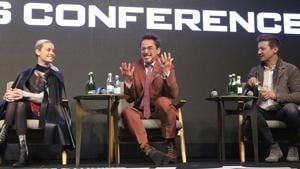 Actor Robert Downey Jr., center, speaks as actor Jeremy Renner and actress Brie Larson listen during an Asia Press Conference to promote their latest film Avengers Endgame in Korea.(AP) Actor Robert Downey Jr., center, speaks as actor Jeremy Renner and actress Brie Larson listen during an Asia Press Conference to promote their latest film Avengers Endgame in Korea.(AP)