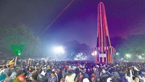 This year, the Babasaheb Ambedkar anniversary on Sunday, passed off peacefully with thousands making a beeline to pay respect to the obelisk (Vijay Stambh) in Bhima Koregaon.(HT file photo)