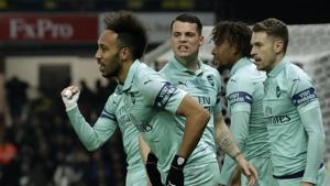 Arsenal's Pierre-Emerick Aubameyang, left, celebrates after scoring the opening goal during the English Premier League soccer match between Watford and Arsenal at Vicarage Road stadium in Watford, England, Monday, April 15, 2019(AP) Arsenal's Pierre-Emerick Aubameyang, left, celebrates after scoring the opening goal during the English Premier League soccer match between Watford and Arsenal at Vicarage Road stadium in Watford, England, Monday, April 15, 2019(AP)