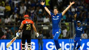 Mumbai Indians cricketer Jason Behrendorff (R) celebrates after the dismissal of Royal Challengers Bangalore captain Virat Kohli (L) during the 2019 Indian Premier League(AFP) Mumbai Indians cricketer Jason Behrendorff (R) celebrates after the dismissal of Royal Challengers Bangalore captain Virat Kohli (L) during the 2019 Indian Premier League(AFP)