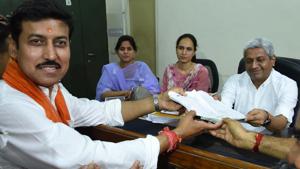 BJP candidate for Jaipur (Rural) seat Rajyavardhan Singh Rathore filing his nomination for the upcoming Lok Sabha in Jaipur on Tuesday(ANI photo)