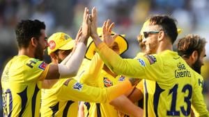 Chennai Super Kings cricketer Faf Du Plessis (R) celebrates with teammates after taking a catch.(AFP) Chennai Super Kings cricketer Faf Du Plessis (R) celebrates with teammates after taking a catch.(AFP)