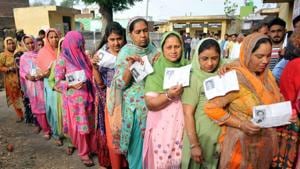 Jammu, India - April 11, 2019: Voters stand in queues to cast their votes at a polling booth for the first phase of general elections, in Jammu, India, on Thursday, April 11, 2019. Voters in 18 Indian states and two Union Territories began casting ballots on Thursday, the first day of a seven-phase election staggered over six weeks in the country of 1.3 billion people. (Photo by Nitin Kanotra / Hindustan Times) Jammu, India - April 11, 2019: Voters stand in queues to cast their votes at a polling booth for the first phase of general elections, in Jammu, India, on Thursday, April 11, 2019. Voters in 18 Indian states and two Union Territories began casting ballots on Thursday, the first day of a seven-phase election staggered over six weeks in the country of 1.3 billion people. (Photo by Nitin Kanotra / Hindustan Times)