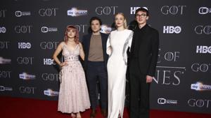 Actors Maisie Williams, from left, Kit Harington, Sophie Turner and Isaac Hempstead at the Game of Thrones season 8 premiere.(Joel C Ryan/Invision/AP) Actors Maisie Williams, from left, Kit Harington, Sophie Turner and Isaac Hempstead at the Game of Thrones season 8 premiere.(Joel C Ryan/Invision/AP)