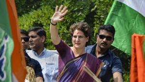 Congress General Secretary Priyanka Gandhi during a roadshow at Silchar in Assam. Silchar goes to polls on April 18.(PTI file photo)