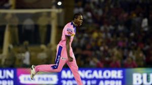 Mohali, India - April 16, 2019: Jofra Archer player of Rajasthan Royals celebrate after dismissal of Chris Gayle of Kings XI Punjab during IPL match at PCA stadium, in Mohali, Punjab, India on Tuesday, April 16, 2019. (Photo by Ravi Kumar/Hindustan Times) Mohali, India - April 16, 2019: Jofra Archer player of Rajasthan Royals celebrate after dismissal of Chris Gayle of Kings XI Punjab during IPL match at PCA stadium, in Mohali, Punjab, India on Tuesday, April 16, 2019. (Photo by Ravi Kumar/Hindustan Times)