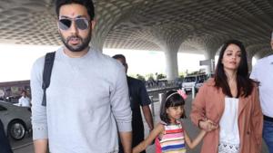 Abhishek Bachchan, Aishwarya Rai and Aaradhya at Mumbai airport on Thursday.(Varinder Chawla) Abhishek Bachchan, Aishwarya Rai and Aaradhya at Mumbai airport on Thursday.(Varinder Chawla)