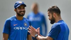 Skipper Virat Kohli talks to Vijay Shankar during a practice session ahead of the 2nd ODI cricket match against Australia, at Vidarbha Cricket Association Stadium in Nagpur, Monday, March 4, 2019.(PTI)