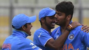 File image of Avesh Khan (R) celebrating with teammates after the fall of a wicket.(AFP/Getty Images) File image of Avesh Khan (R) celebrating with teammates after the fall of a wicket.(AFP/Getty Images)