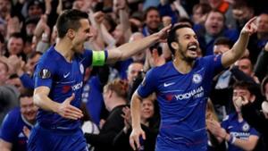 Chelsea's Pedro celebrates scoring their first goal with Cesar Azpilicueta.(REUTERS) Chelsea's Pedro celebrates scoring their first goal with Cesar Azpilicueta.(REUTERS)