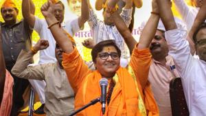 BJP’s Bhopal candidate Sadhvi Pragya Singh Thakur at a workers' meeting in the city.(PTI photo)