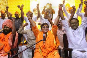 BJP candidate Sadhvi Pragya Singh Thakur gestures while addressing a party workers' meeting for Lok Sabha polls, Bhopal, April 18, 2019(PTI) BJP candidate Sadhvi Pragya Singh Thakur gestures while addressing a party workers' meeting for Lok Sabha polls, Bhopal, April 18, 2019(PTI)