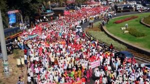 The farmers protest march in February.(HT FILE)