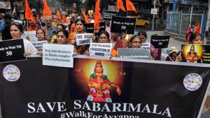 Following months of protests at the temple site, in which the Bharatiya Janata Party (BJP) candidate K Surendran played a visible and voluble part, he is being feted in a God-like way.(PTI) Following months of protests at the temple site, in which the Bharatiya Janata Party (BJP) candidate K Surendran played a visible and voluble part, he is being feted in a God-like way.(PTI)