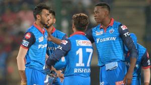 Delhi Capitals team players celebrate after the fall of a wicket.(AFP) Delhi Capitals team players celebrate after the fall of a wicket.(AFP)