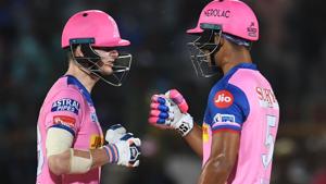 Rajasthan Royals batsman Riyan Parag (R) and captain Steve Smith touch gloves.(AFP) Rajasthan Royals batsman Riyan Parag (R) and captain Steve Smith touch gloves.(AFP)