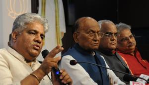 BJP leader and Bihar In charge Bhupender Yadav with others speaking to media in Patna Bihar India on Friday(Photo by A P Dube/Hindustan Times)