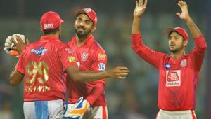 Kings XI Punjab's wicketkeeper KL Rahul (C) celebrates with his team captain Ravichandran Ashwin the dismissal of Delhi Capitals' cricketer Shikhar Dhawan(AFP) Kings XI Punjab's wicketkeeper KL Rahul (C) celebrates with his team captain Ravichandran Ashwin the dismissal of Delhi Capitals' cricketer Shikhar Dhawan(AFP)