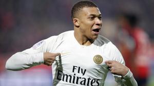 PSG's Kylian Mbappe celebrates after his team scored during the French League One.(AP) PSG's Kylian Mbappe celebrates after his team scored during the French League One.(AP)