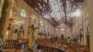 A view of St. Sebastian's Church damaged in blast in Negombo, north of Colombo, Sri Lanka, Sunday, April 21, 2019.(AP) A view of St. Sebastian's Church damaged in blast in Negombo, north of Colombo, Sri Lanka, Sunday, April 21, 2019.(AP)