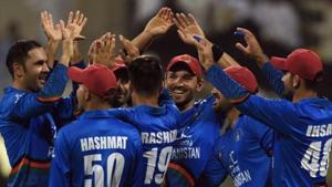 Afghan cricketer Mohammad Nabi (L) celebrates with teammates after he dismissed Sri Lanka's cricket team captain Angelo Mathews during the one day international (ODI) Asia Cup cricket match between Sri Lanka and Afghanistan at the Sheikh Zayed Stadium in Abu Dhabi on September 17, 2018.(AFP) Afghan cricketer Mohammad Nabi (L) celebrates with teammates after he dismissed Sri Lanka's cricket team captain Angelo Mathews during the one day international (ODI) Asia Cup cricket match between Sri Lanka and Afghanistan at the Sheikh Zayed Stadium in Abu Dhabi on September 17, 2018.(AFP)