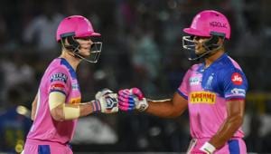 RR Captain Steve Smith and teammate Riyan Parag during the Indian Premier League 2019.(PTI) RR Captain Steve Smith and teammate Riyan Parag during the Indian Premier League 2019.(PTI)