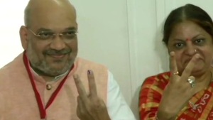 BJP President Amit Shah and his wife Sonal Shah cast their votes at polling booth in Naranpura Sub-Zonal office in Ahmedabad(ANI) BJP President Amit Shah and his wife Sonal Shah cast their votes at polling booth in Naranpura Sub-Zonal office in Ahmedabad(ANI)