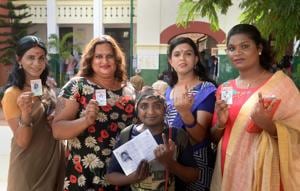 This is the first time that transgenders are casting their votes under the category after Supreme Court had declared them as the “third gender” in 2014. Earlier they had to cast their votes as male or female.(PTI) This is the first time that transgenders are casting their votes under the category after Supreme Court had declared them as the “third gender” in 2014. Earlier they had to cast their votes as male or female.(PTI)