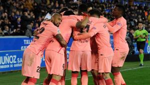 Barcelona's players celebrate their second goal during the Spanish league football match between Deportivo Alaves and FC Barcelona at the Mendizorroza stadium in Vitoria on April 23, 2019(AFP) Barcelona's players celebrate their second goal during the Spanish league football match between Deportivo Alaves and FC Barcelona at the Mendizorroza stadium in Vitoria on April 23, 2019(AFP)
