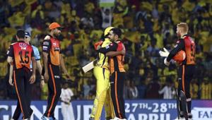 Chennai Super Kings' Dwayne Bravo, center left, hugs Rasheed Khan of Sunrisers Hyderabad at the end of the VIVO IPL T20 cricket match between Chennai Super Kings and Sunrisers Hyderabad in Chennai, India, Tuesday, April 23, 2019)(AP) Chennai Super Kings' Dwayne Bravo, center left, hugs Rasheed Khan of Sunrisers Hyderabad at the end of the VIVO IPL T20 cricket match between Chennai Super Kings and Sunrisers Hyderabad in Chennai, India, Tuesday, April 23, 2019)(AP)