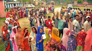People in a long queue at one of the booths during polling at Jhanjharpur Bihar India on Tuesday April 23,2019(HT) People in a long queue at one of the booths during polling at Jhanjharpur Bihar India on Tuesday April 23,2019(HT)