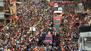 Speaking to a group of intellectuals in the temple city after a mega roadshow, Modi said, “Terrorism is now limited to a small region of Jammu and Kashmir.”(PTI)
