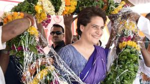 Congress General Secretary Priyanka Gandhi Vadra being felicitated with garland during public meeting in Ghursarai on Friday(ANI) Congress General Secretary Priyanka Gandhi Vadra being felicitated with garland during public meeting in Ghursarai on Friday(ANI)