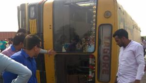 A student and a bus conductor sustained injuries after a private school bus ferrying at least 30 students tipped over following a collision with a tractor at Pachgaon Chowk. A student and a bus conductor sustained injuries after a private school bus ferrying at least 30 students tipped over following a collision with a tractor at Pachgaon Chowk.