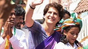 Congress general Sscretary Priyanka Gandhi Vadra during a roadshow in Jhansi, Thursday, April 25, 2019.(PTI)