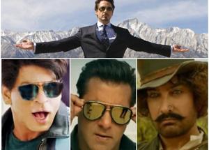 Robert Downey Jr’s Tony Stark looms over Shah Rukh Khan, Salman Khan and Aamir Khan. Robert Downey Jr’s Tony Stark looms over Shah Rukh Khan, Salman Khan and Aamir Khan.
