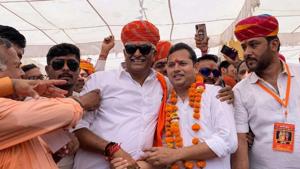 Lok Sabha Congress candidate Vaibhav Gehlot and BJP candidate Gajendra Singh Shekhawat greet each other in Jodhpur.(HT File Phot/Ranjeet Singh Sodha) Lok Sabha Congress candidate Vaibhav Gehlot and BJP candidate Gajendra Singh Shekhawat greet each other in Jodhpur.(HT File Phot/Ranjeet Singh Sodha)