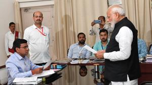 Prime Minister Narendra Modi filing his nomination at the Collectorate office in Varanasi on Friday.(ANI Photo)
