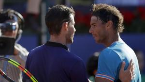 Austria's Dominic Thiem, center, speaks with Spain's Rafael Nadal after defeating him.(AP) Austria's Dominic Thiem, center, speaks with Spain's Rafael Nadal after defeating him.(AP)