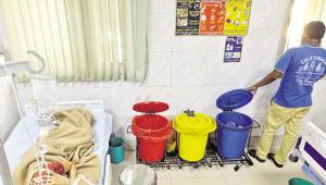 Bins for biomedical waste kept near a patient’s bed in the emergency ward.(deepak Gupta/HT Photo) Bins for biomedical waste kept near a patient’s bed in the emergency ward.(deepak Gupta/HT Photo)