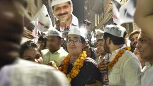 AAP’s East Delhi candidate Atishi at Batla House and Zakir Nagar on Saturday.(Raj K Raj/HT PHOTO)