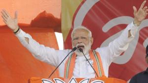 Prime Minister Narendra Modi at a public rally at Bhatpara in West Bengal’s Barrackpore on Monday.(Samir Jana/HT Photo)