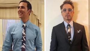 Akshay Kumar and Robert Downey Junior were seen sporting an identical abstract camouflage print Givenchy tie. Akshay Kumar and Robert Downey Junior were seen sporting an identical abstract camouflage print Givenchy tie.