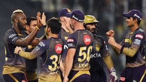 Kolkata Knight Riders' cricketers celebrate after taking a wicket during their IPL match against Mumbai Indians(AFP) Kolkata Knight Riders' cricketers celebrate after taking a wicket during their IPL match against Mumbai Indians(AFP)