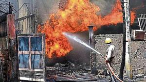 A total of 40 fire tenders were used to control the blaze at the two chemical factories in Naraina Industrial Area.(Vipin Kumar/HT PHOTO) A total of 40 fire tenders were used to control the blaze at the two chemical factories in Naraina Industrial Area.(Vipin Kumar/HT PHOTO)