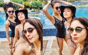 Kasautii Zindagii Kay’s Hina Khan, Pooja Banerjee, Erica Fernandes at the pool.(Instagram) Kasautii Zindagii Kay’s Hina Khan, Pooja Banerjee, Erica Fernandes at the pool.(Instagram)
